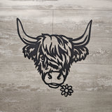 Charming Highland Cow Daisy Metal Sign