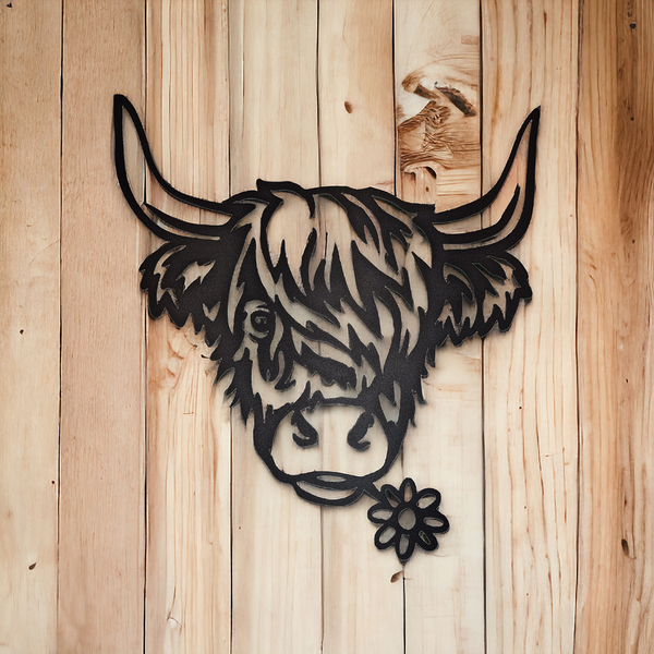 Charming Highland Cow Daisy Metal Sign
