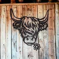 Charming Highland Cow Daisy Metal Sign