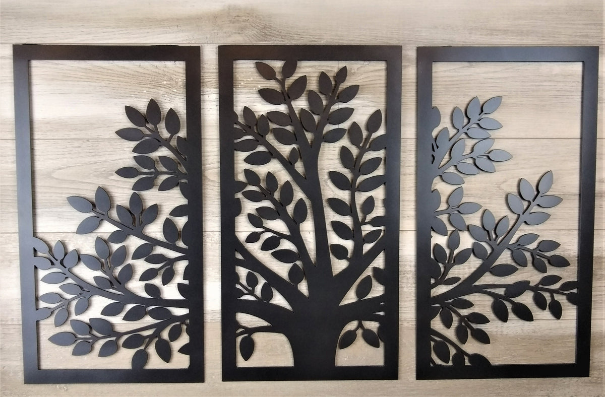 3-Panel Tree Scene Metal Wall Art - Nature Inspired Wall Hanging ...